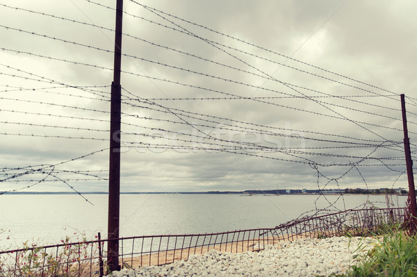 barb wire fence over gray sky and sea Stock photo © dolgachov