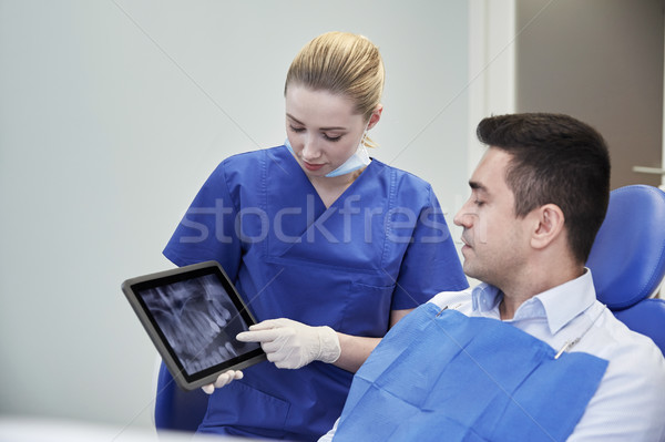 female dentist with tablet pc and male patient Stock photo © dolgachov