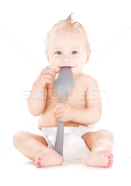 Baby chłopca duży łyżka zdjęcie biały Zdjęcia stock © dolgachov
