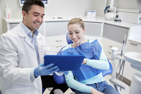 male dentist with tablet pc and woman patient Stock photo © dolgachov