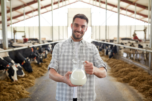 man or farmer with cows milk on dairy farm Stock photo © dolgachov