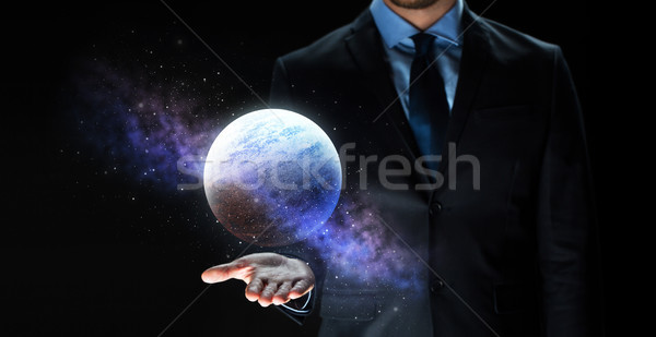 Közelkép üzletember bolygó hologram üzlet csillagászat Stock fotó © dolgachov