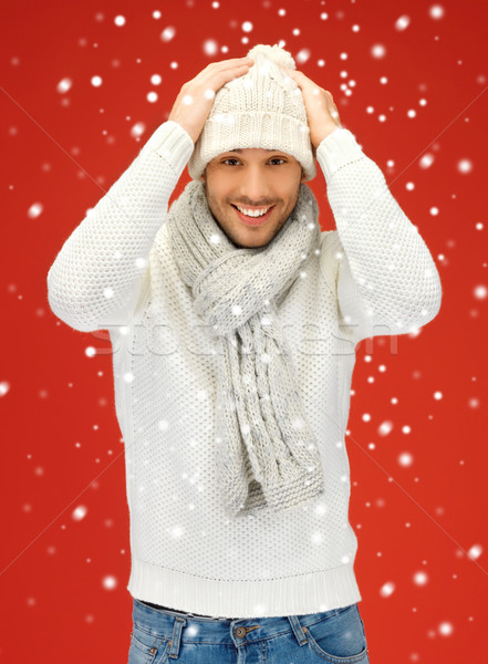Bel homme chaud chandail chapeau écharpe photos [[stock_photo]] © dolgachov
