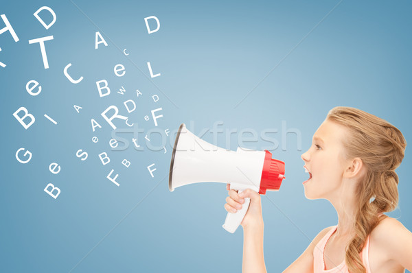 Meisje megafoon communicatie Blauw nieuws teen Stockfoto © dolgachov