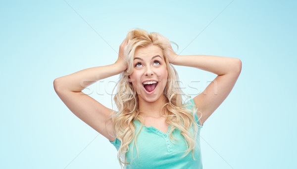 Foto stock: Sorridente · mulher · jovem · cabeça · cabelo · emoções