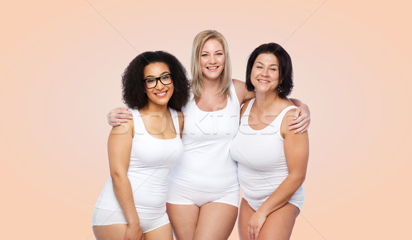 Foto d'archivio: Gruppo · felice · plus · size · donne · bianco · intimo