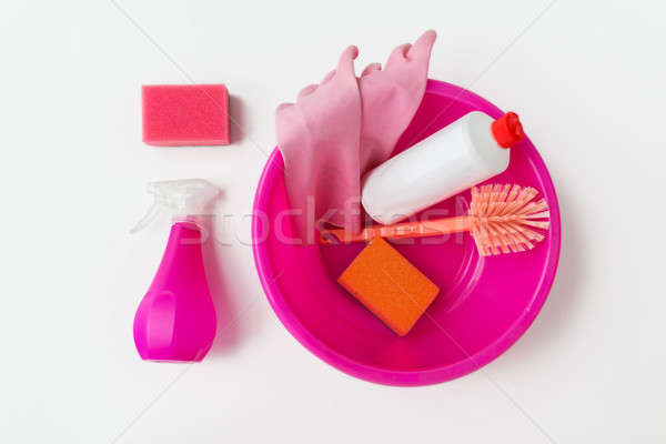 basin with cleaning stuff on white background Stock photo © dolgachov