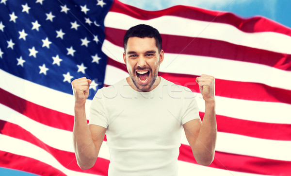 Foto stock: Zangado · homem · bandeira · americana · emoção · agressão