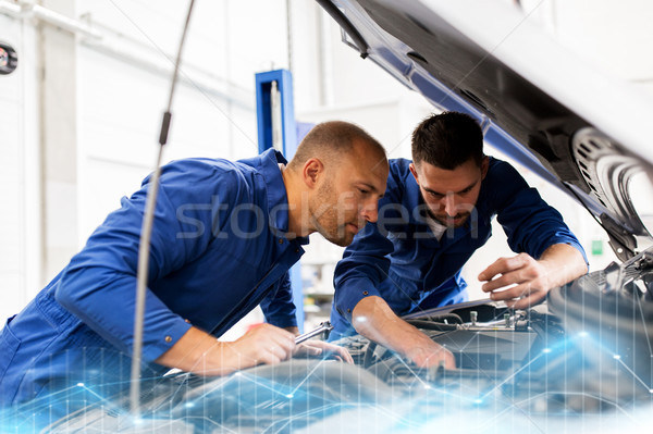 mechanic men with wrench repairing car at workshop Stock photo © dolgachov