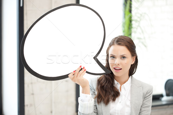 [[stock_photo]]: Souriant · femme · d'affaires · texte · bulle · lumineuses · photos