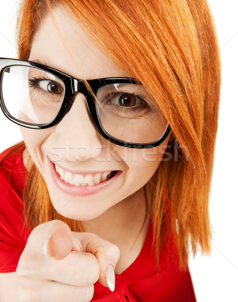 Kobieta okulary wskazując palec zdrowia piękna Zdjęcia stock © dolgachov