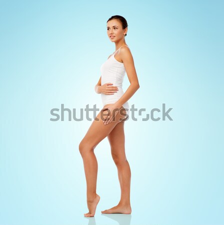 Stock foto: Glücklich · Übergröße · Frau · Unterwäsche · Menschen · blau