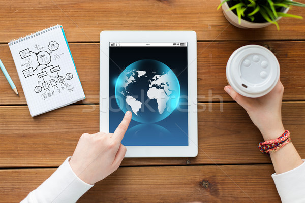 close up of woman with tablet pc on wooden table Stock photo © dolgachov