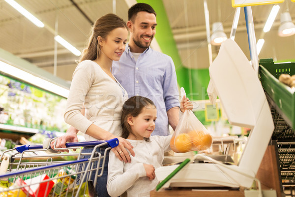 family weighing oranges on scale at grocery store Stock photo © dolgachov