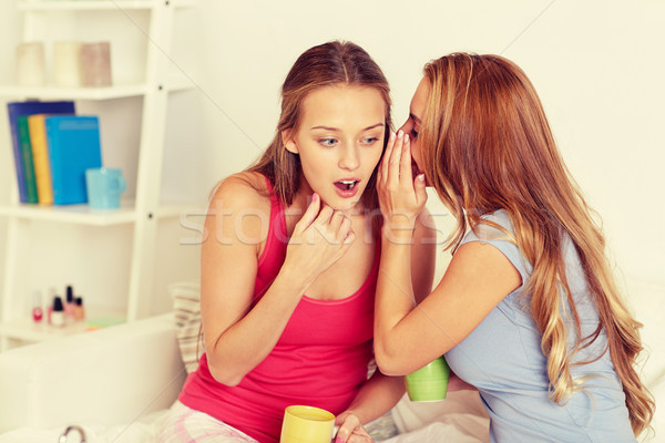 Stock photo: young women drinking tea and gossiping at home
