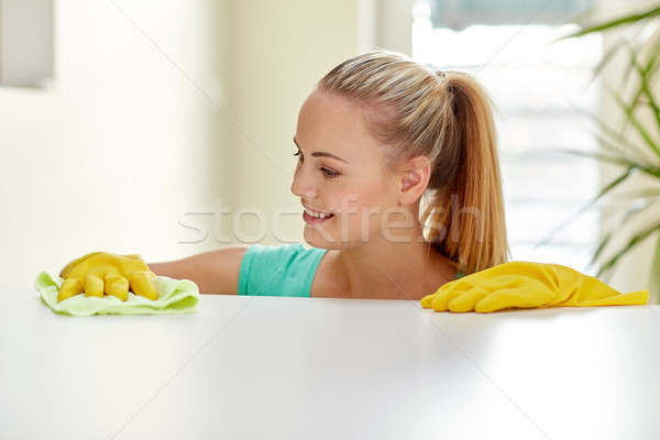 happy woman cleaning table at home Stock photo © dolgachov