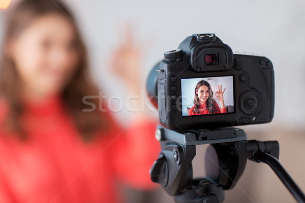 woman with camera recording video at home Stock photo © dolgachov
