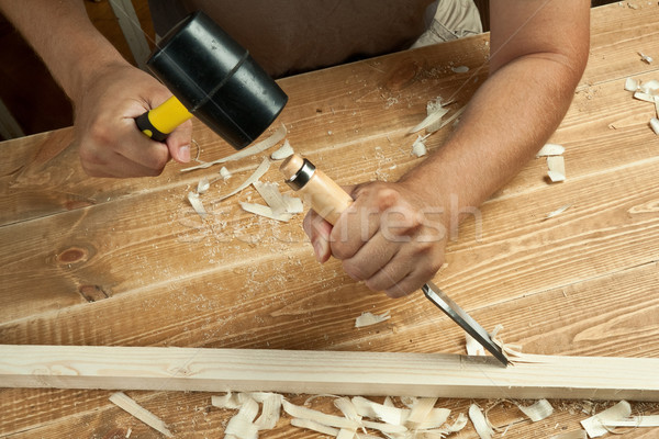 ストックフォト: 木材 · 作業 · ワークショップ · 大工 · 彫刻刀 · 建設