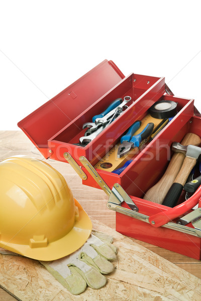 Marcenaria amarelo capacete caixa de ferramentas projeto casa Foto stock © donatas1205