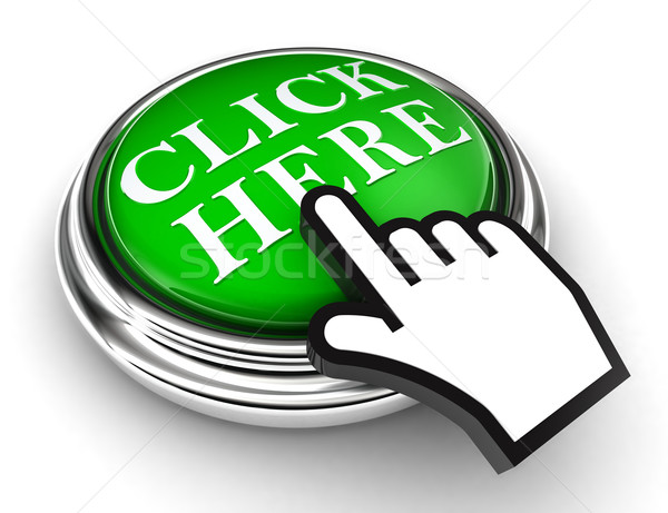 Klik hier groene knop hand cursor witte Stockfoto © donskarpo