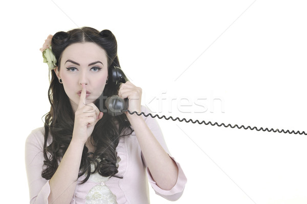 Destul de fată vorbesc vechi telefon frumos Imagine de stoc © dotshock