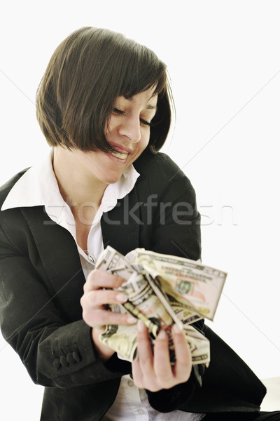 Stockfoto: Geld · gelukkig · jonge · zakenvrouw · geïsoleerd · witte