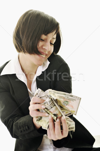 [[stock_photo]]: Argent · heureux · jeunes · femme · d'affaires · isolé · blanche