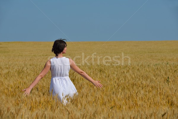 Mulher jovem campo de trigo verão em pé saltando corrida Foto stock © dotshock