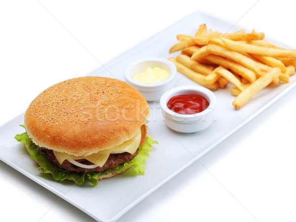 Hamburger martwa natura fast food menu frytki napój bezalkoholowy Zdjęcia stock © dotshock