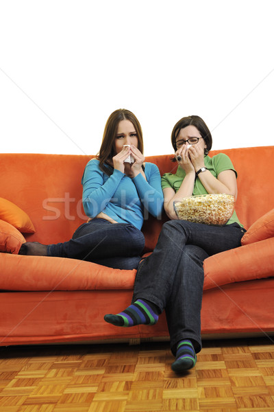 Kadın arkadaşlar yeme patlamış mısır izlerken tv Stok fotoğraf © dotshock