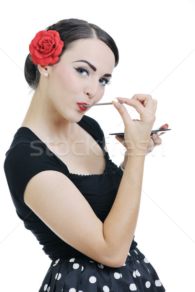 Stock photo: beautiful young woman eat sweet cake