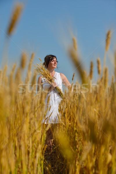 ストックフォト: 若い女性 · 麦畑 · 夏 · 立って · ジャンプ · を実行して
