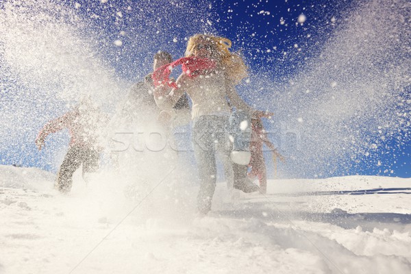 Stockfoto: Vrienden · leuk · winter · vers · sneeuw · gelukkig