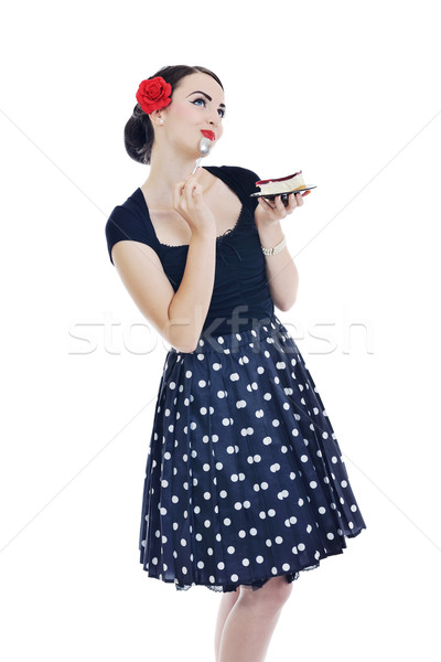 [[stock_photo]]: Belle · jeune · femme · manger · sweet · gâteau · jeunes