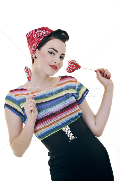 pretty young happy woman with travel bag waiting and posing isol Stock photo © dotshock