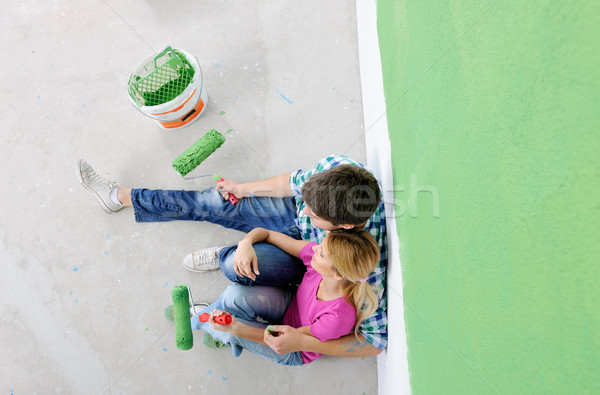 Foto stock: Feliz · jóvenes · relajante · pintura · nuevo · hogar