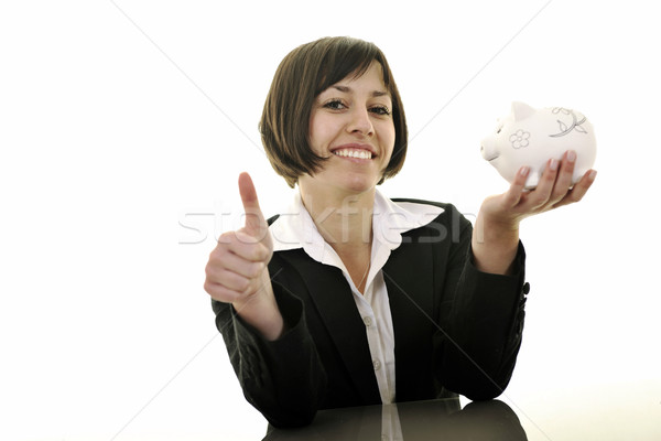 Zakenvrouw munten geld spaarvarken gelukkig jonge Stockfoto © dotshock