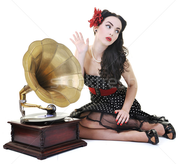 Foto stock: Bastante · nina · escuchar · música · edad · gramófono