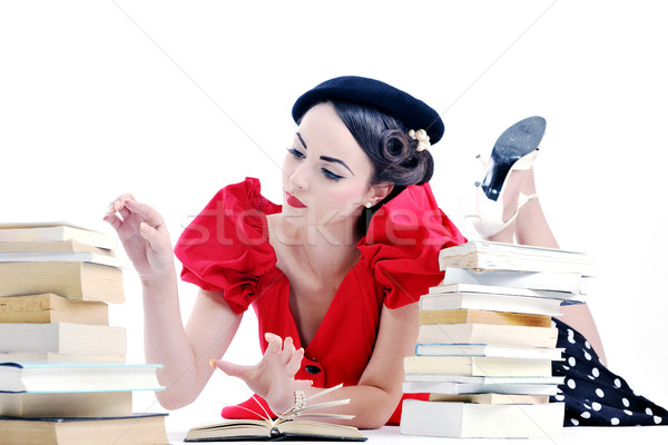 Foto stock: Belo · mulher · jovem · ler · livro · jovem · estudante