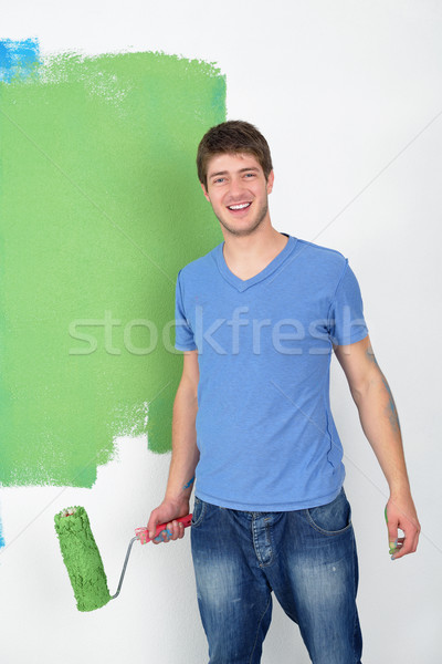 Stockfoto: Knap · jonge · man · verf · witte · muur · kleur