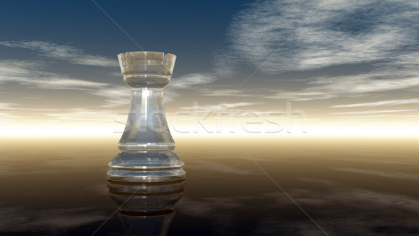 Stock photo: glass chess rook under cloudy sky - 3d rendering