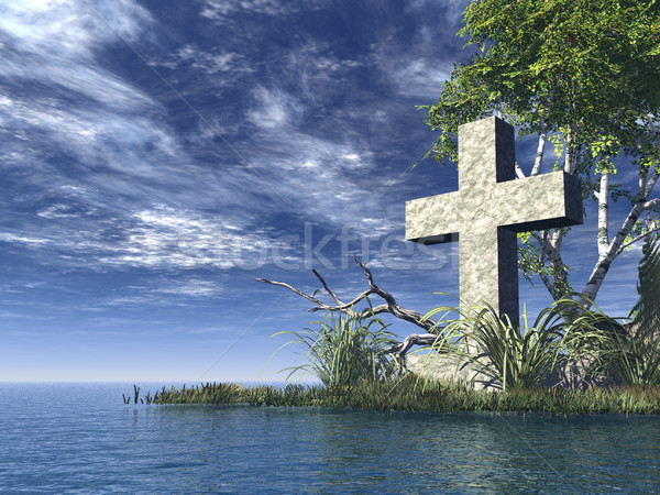 Christian Kreuz Stein Wasser Landschaft 3D-Darstellung Stock foto © drizzd