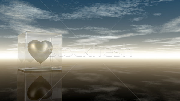 Stock photo: heart symbol in glass cube under cloudy sky - 3d rendering