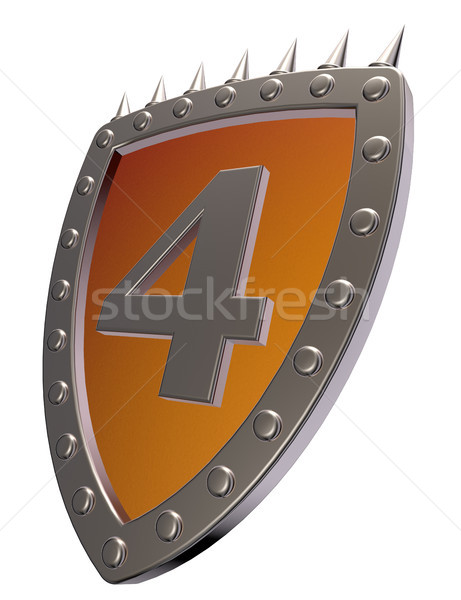 Foto stock: Número · metal · escudo · quatro · branco · ilustração · 3d