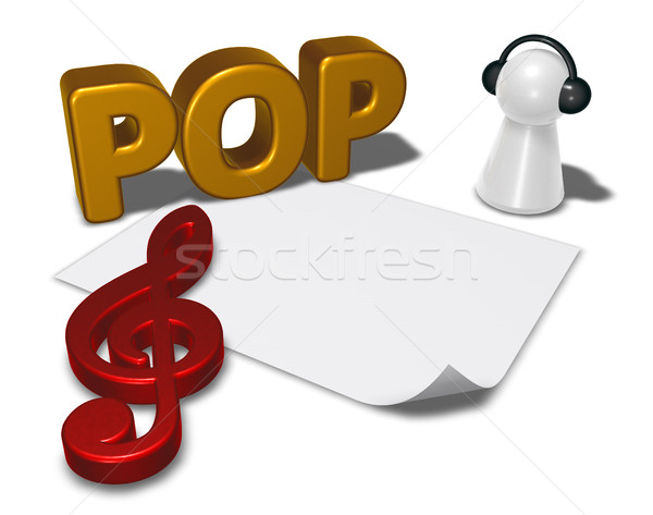 pop tag, blank white paper sheet and pawn with headphones - 3d rendering Stock photo © drizzd