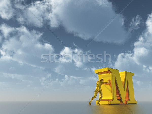 Foto stock: Homem · dourado · descobrir · letra · m · nublado · blue · sky