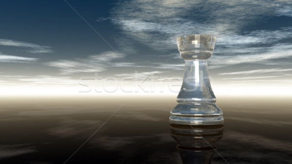 Stock photo: glass chess rook under cloudy sky - 3d rendering