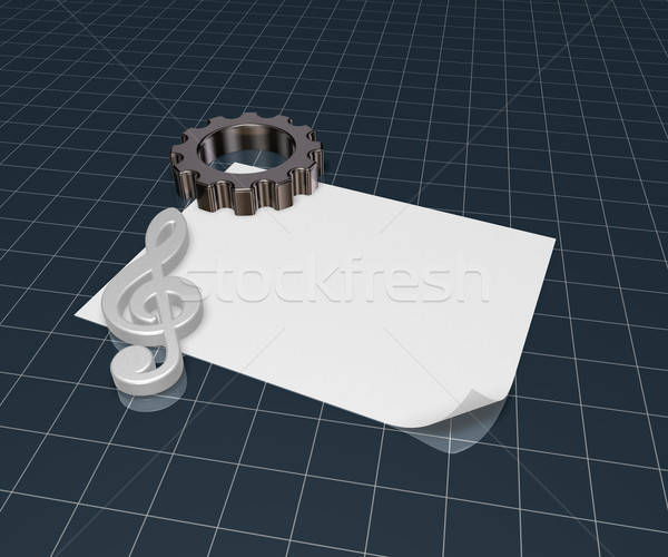Stock photo: gear wheel and metal clef on white paper sheet - 3d rendering