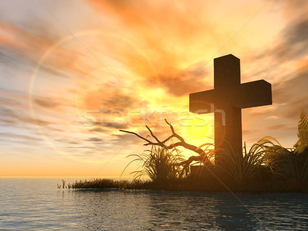 Heilig Kreuz Sonnenuntergang 3D-Darstellung Wolken Sonne Stock foto © drizzd