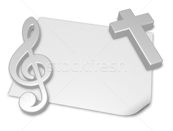 Stock photo: clef and cross on blank white paper sheet - 3d rendering